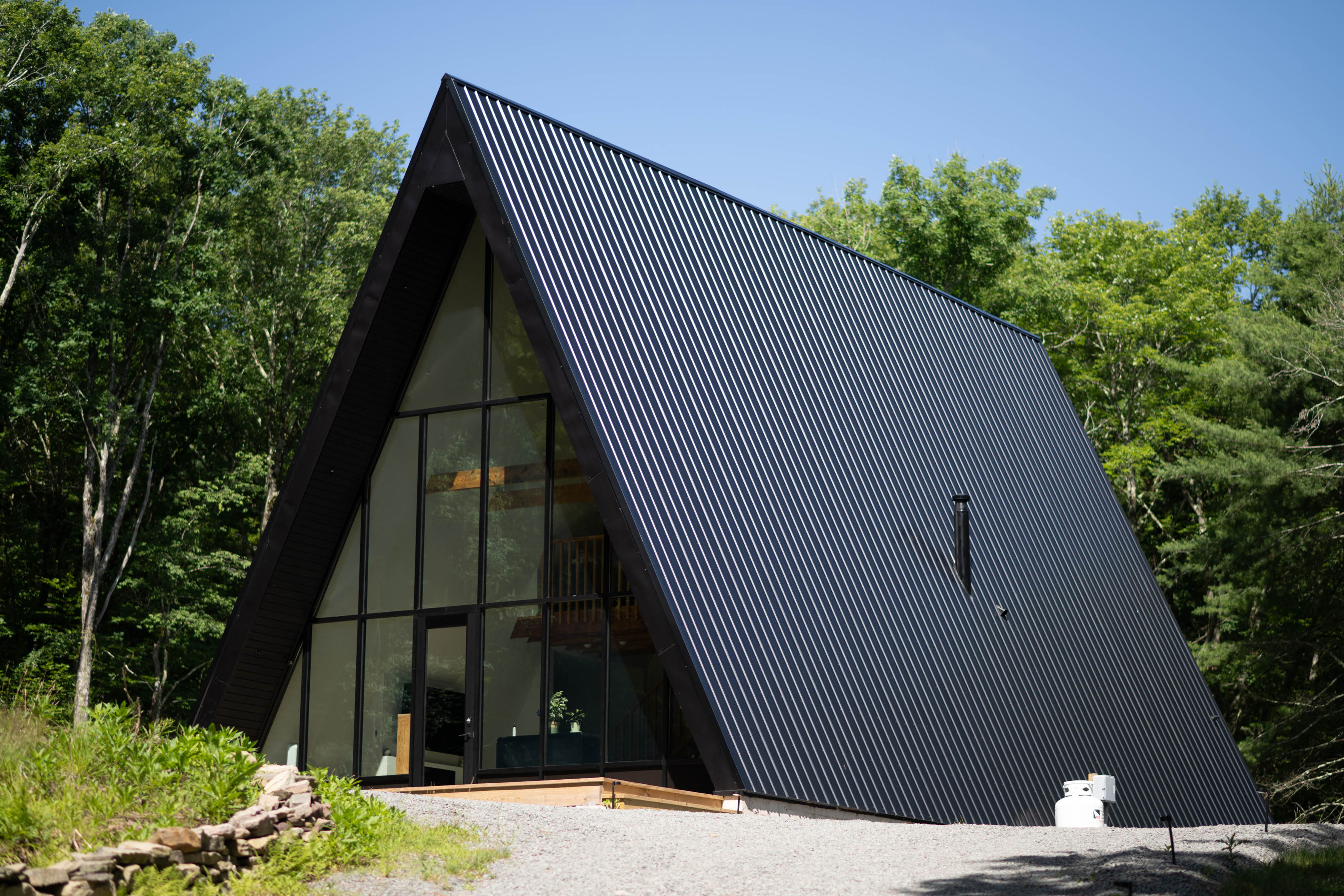 Modern black A-frame cabin near Narrowsburg NY