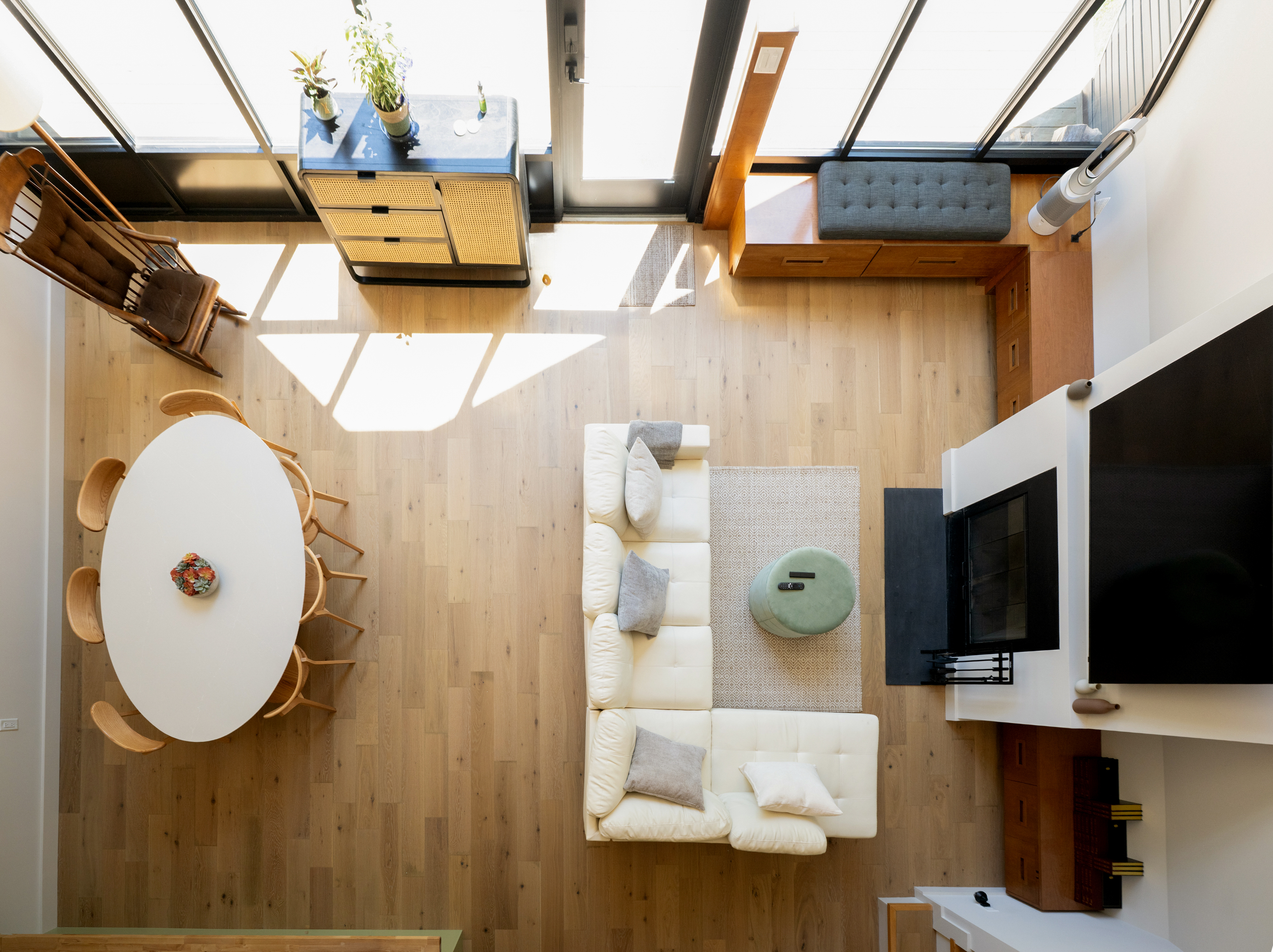 View down from the A-frame loft to the living room